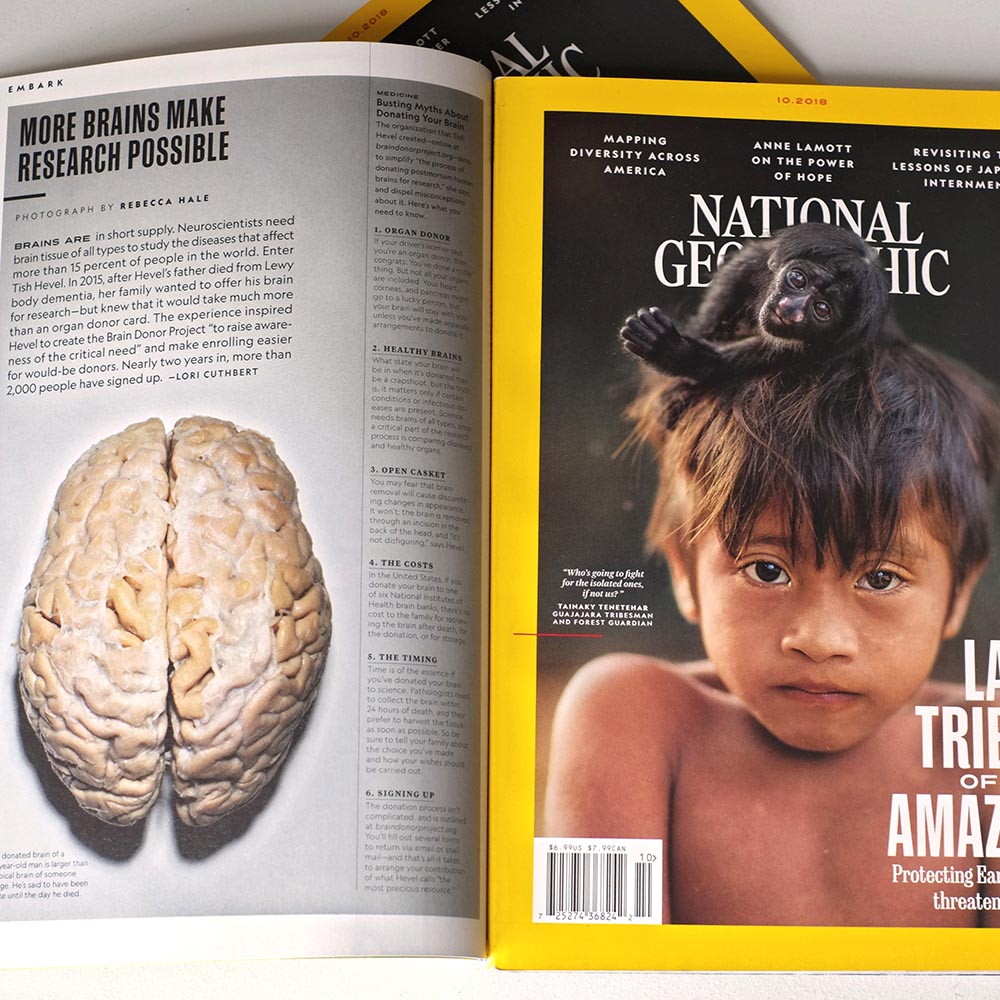 National Geographic cover featuring a boy with a small monkey on his head and page titled "More Brains Make Research Possible"